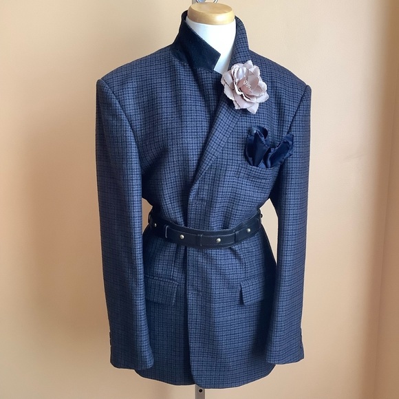 VINTAGE Blue Wool Houndstooth Plaid Blazer Size 42 - Picture 14 of 15